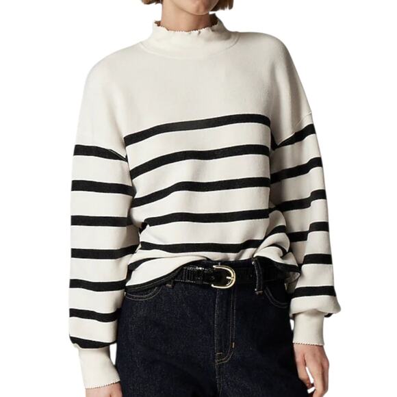 J. Crew Heritage Terry Mockneck Sweatshirt Kate Placed Stripe Black White Medium - Picture 1 of 7